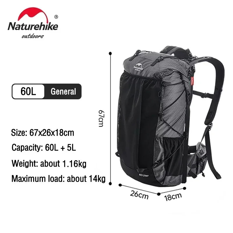 Naturehike Waterproof Backpack Drawstring 60 Liters Mountaineering Camping Hiking Large Travel Bags Capacity Military Tactical